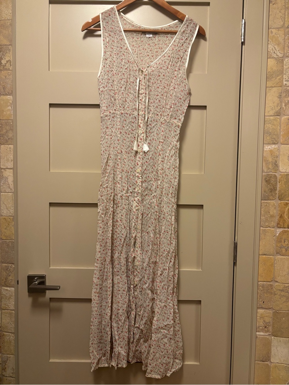 NAF NAF Sheer Floral Viscose Button Down Satin Trim Ditsy Print Sleeveless Dress